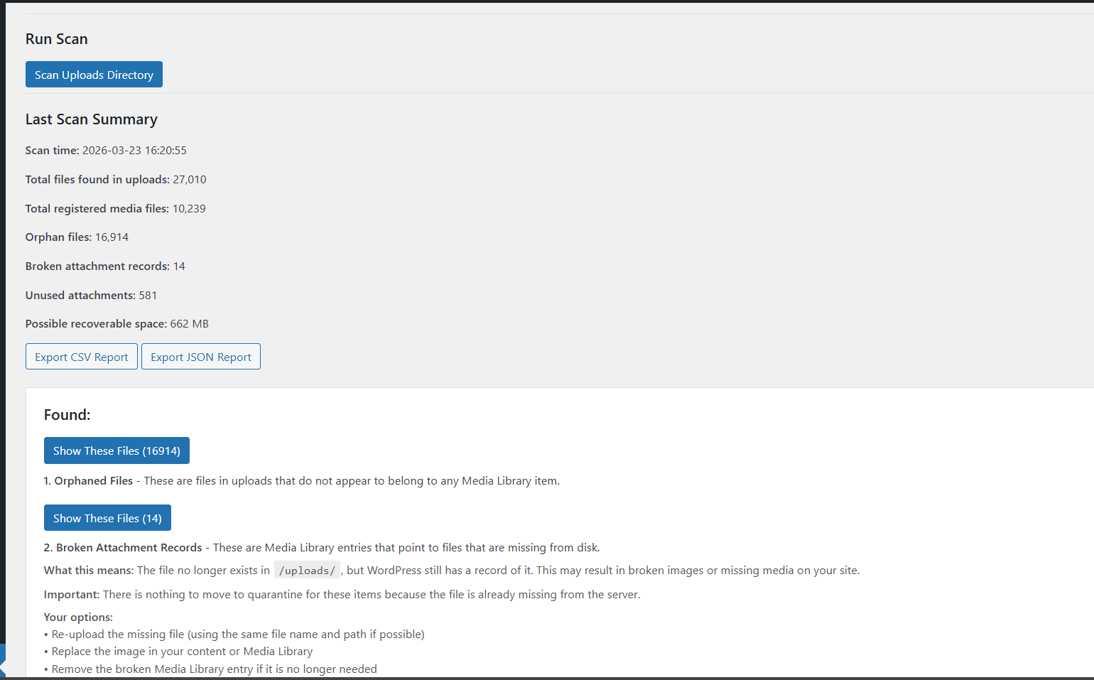 Broken attachments detected after manual SFTP cleanup in WordPress