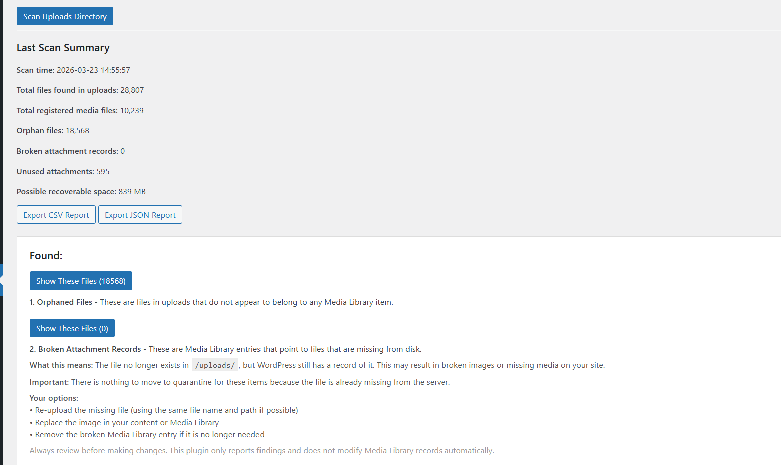 Free Up Space WP Pro scan results showing orphan files and unused media