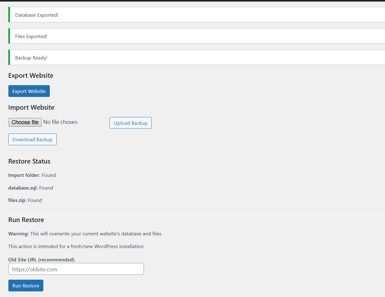 Export screen of free WordPress migration plugin EasyWpTools Website Migration