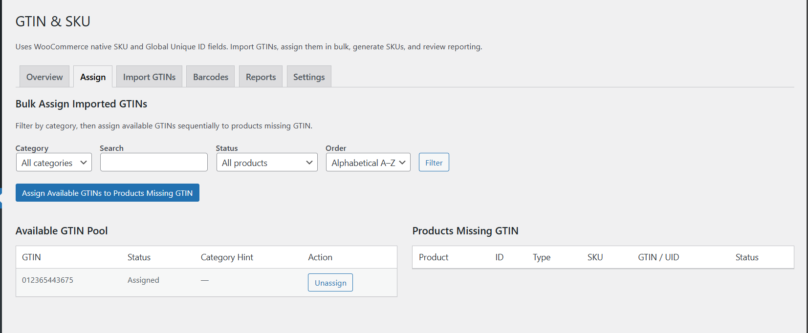 GTIN Manager & SKU Generator for WooCommerce assign screen