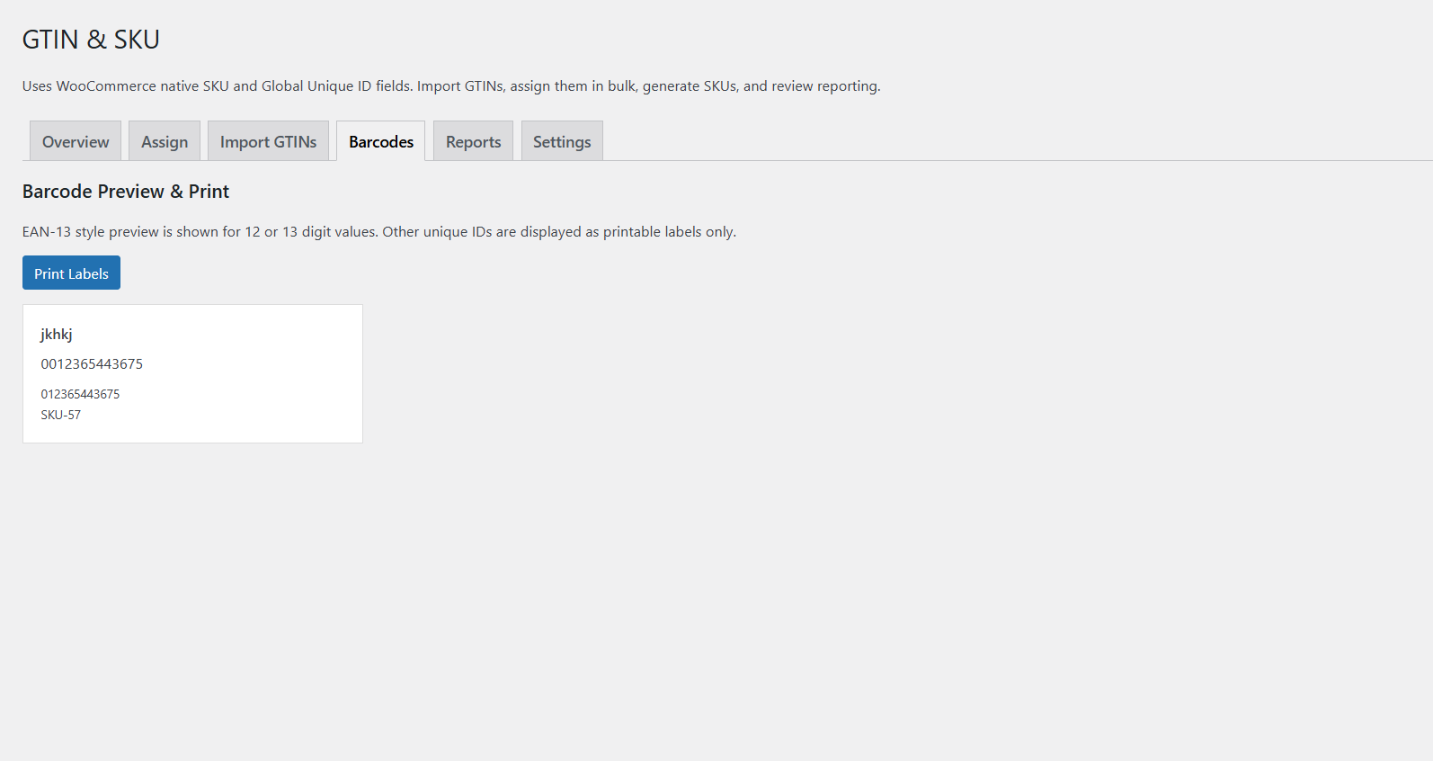 GTIN Manager & SKU Generator for WooCommerce barcodes screen