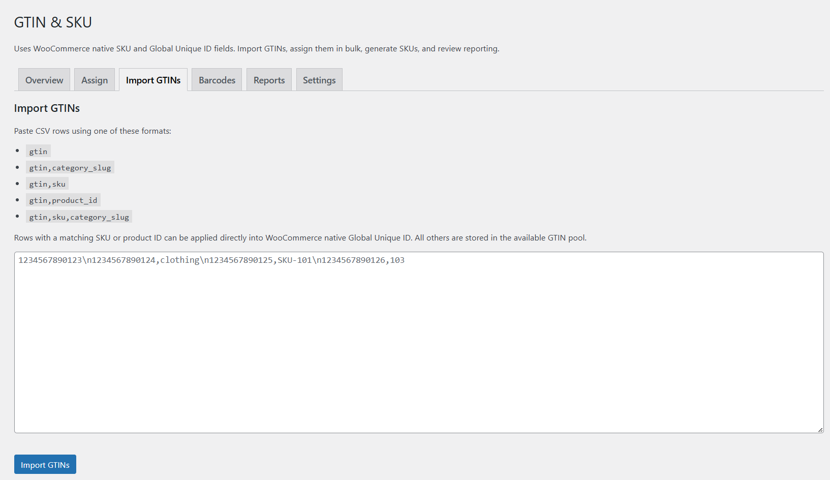 GTIN Manager & SKU Generator for WooCommerce import GTIN screen