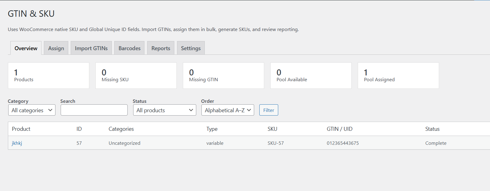 GTIN Manager & SKU Generator for WooCommerce overview screen
