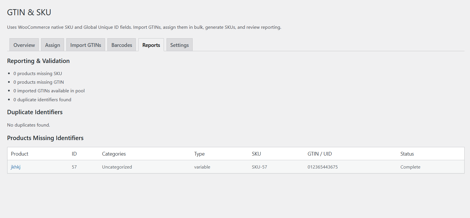 GTIN Manager & SKU Generator for WooCommerce reports screen