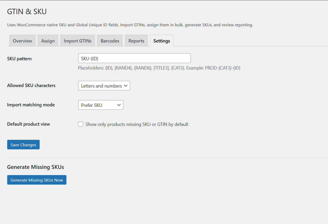GTIN Manager & SKU Generator for WooCommerce settings screen