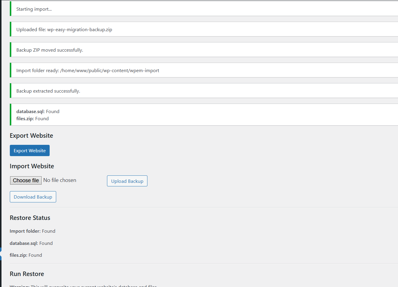 Import screen of WordPress website migration plugin EasyWpTools Website Migration