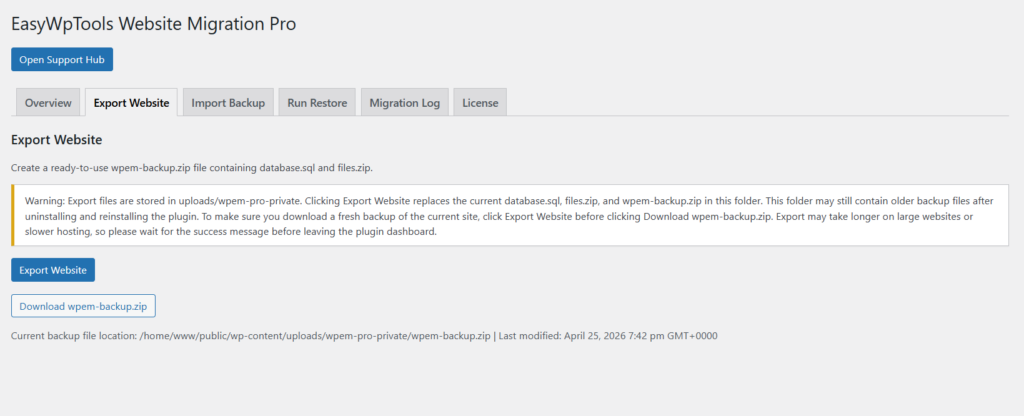 Export WordPress Website Plugin backup download screen showing export website button download backup zip button and backup file location in WordPress dashboard