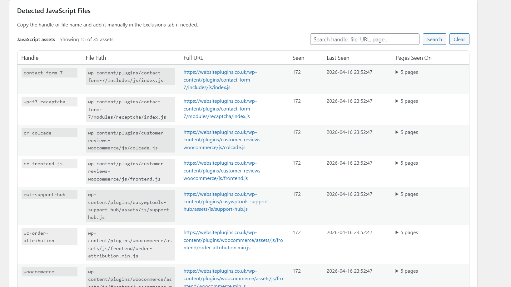 EasyWpTools Optimize Pro detected frontend JavaScript files and CSS files
