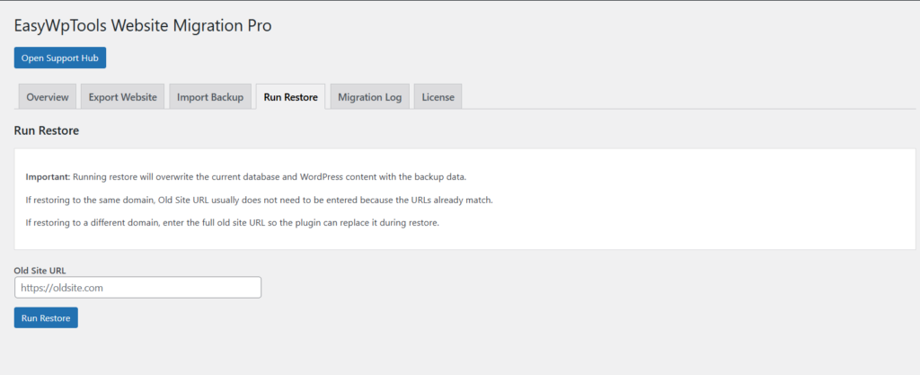 Restore WordPress Backup Plugin run restore screen showing old site URL field and run restore button inside WordPress dashboard