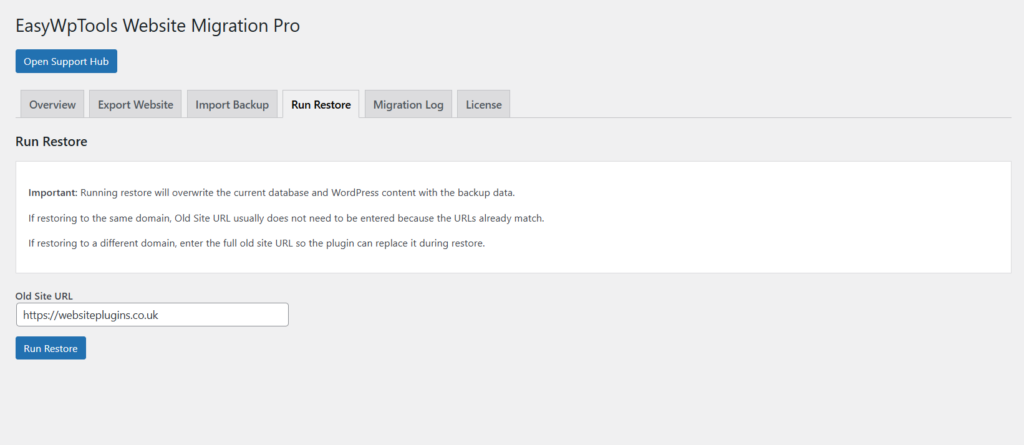 Run Website Restore WordPress Backup Plugin