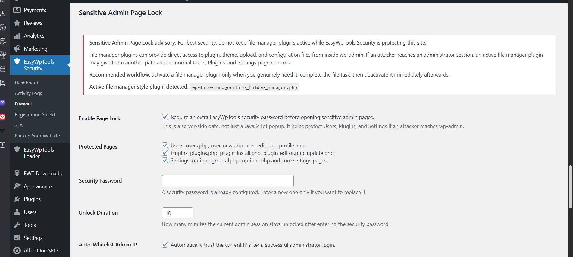 Screenshot of a WordPress admin page titled 'Sensitive Admin Page Lock' showing security advisory and settings like Enable Page Lock and Protected Pages with checkboxes