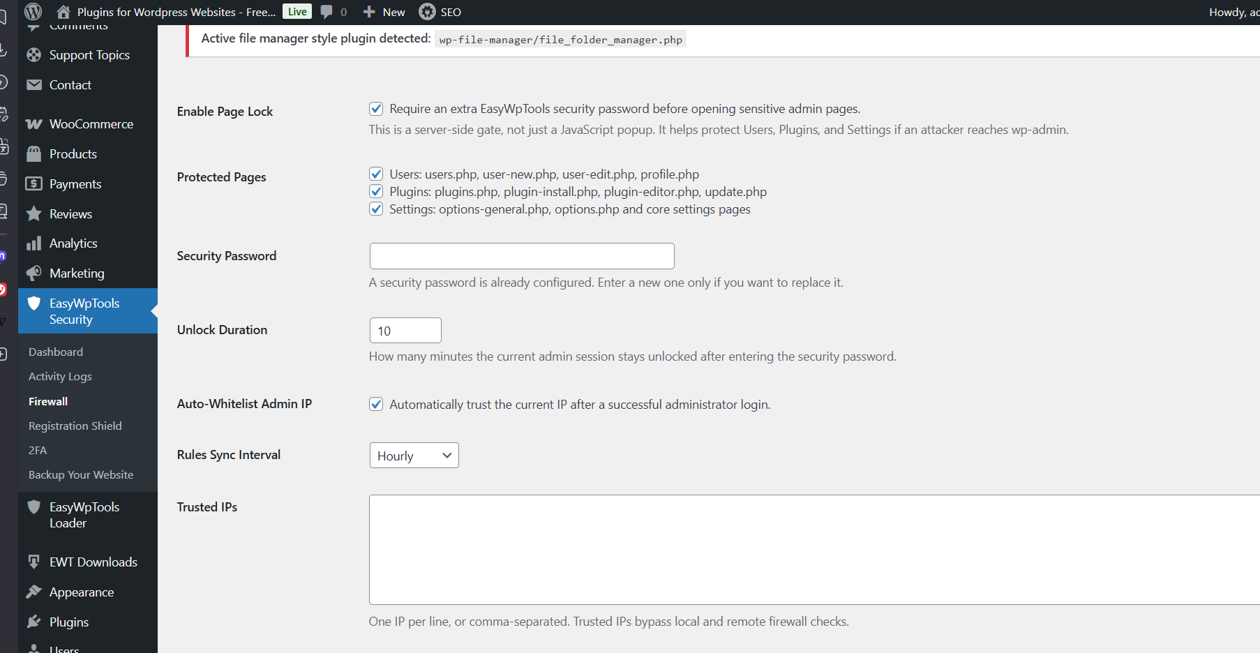 WordPress admin screen showing EasyWpTools Security settings with options like Enable Page Lock and Protected Pages on a gray settings panel.