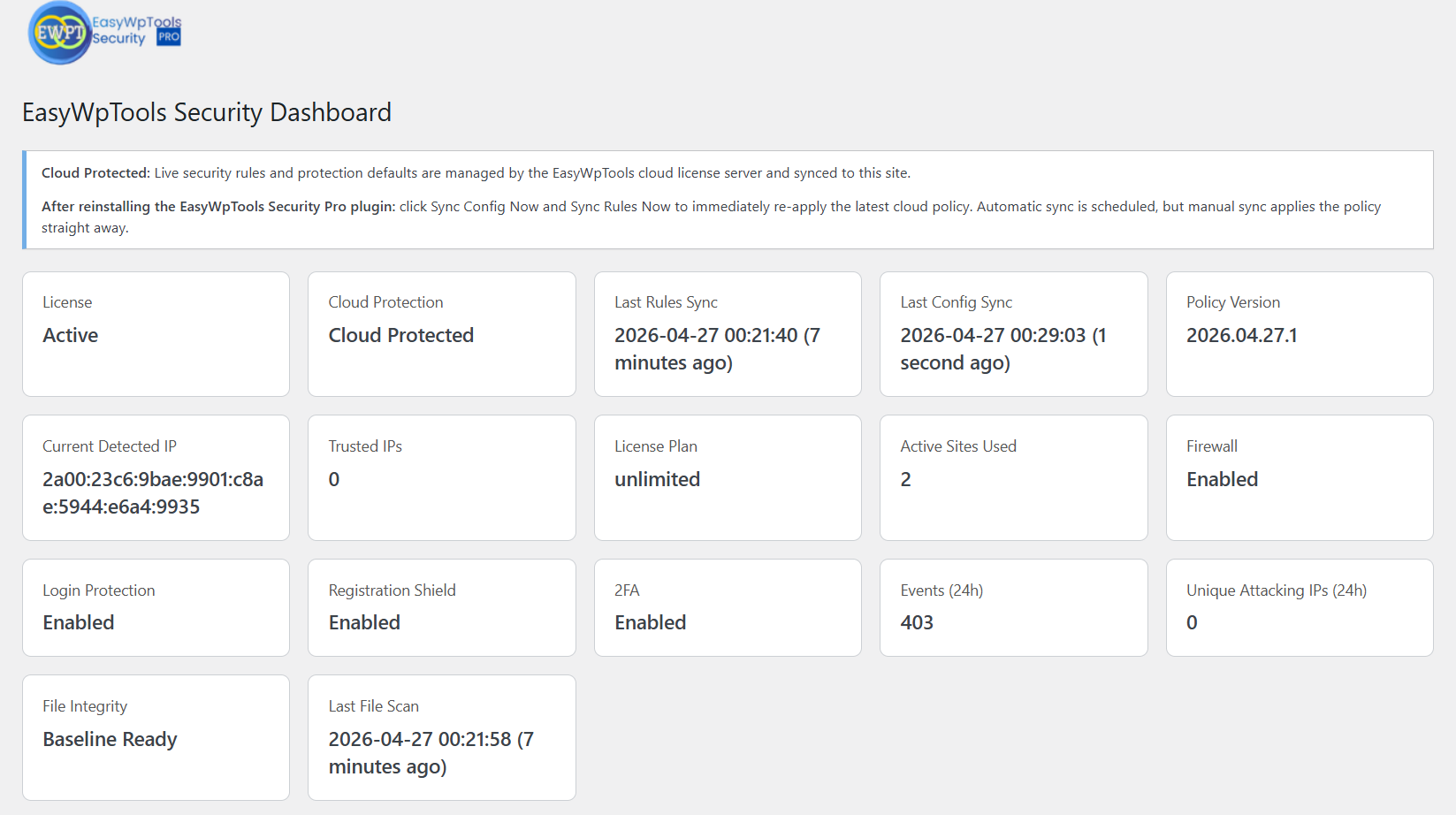Security Plugin for WordPress Websites security dashboard with firewall 2FA login protection file integrity and synced security rules