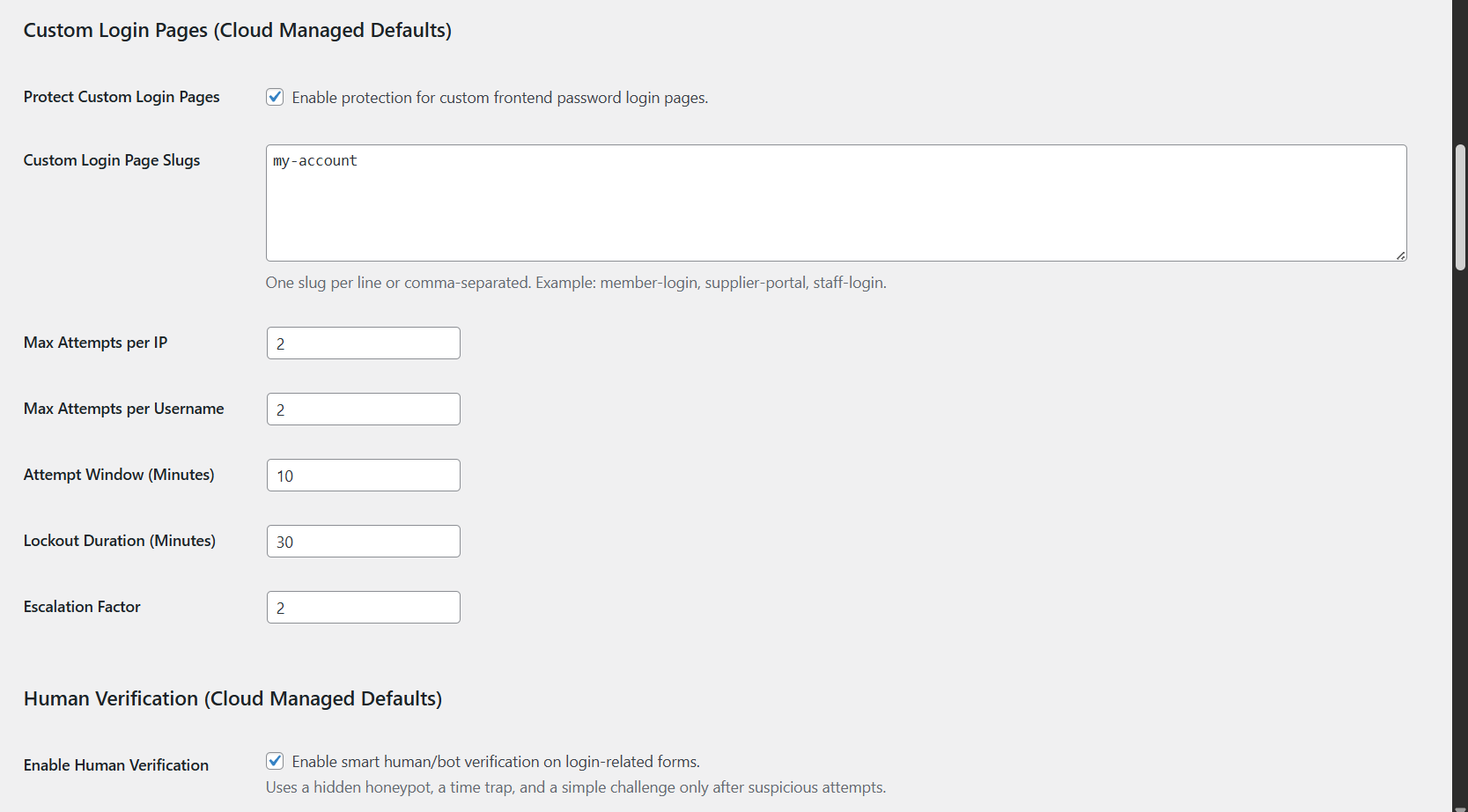 WordPress custom login page protection settings with brute force lockout security for WooCommerce my account login page