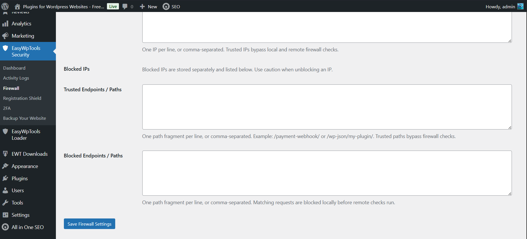 WordPress firewall plugin settings showing trusted endpoints, blocked paths, URL protection and custom endpoint security controls
