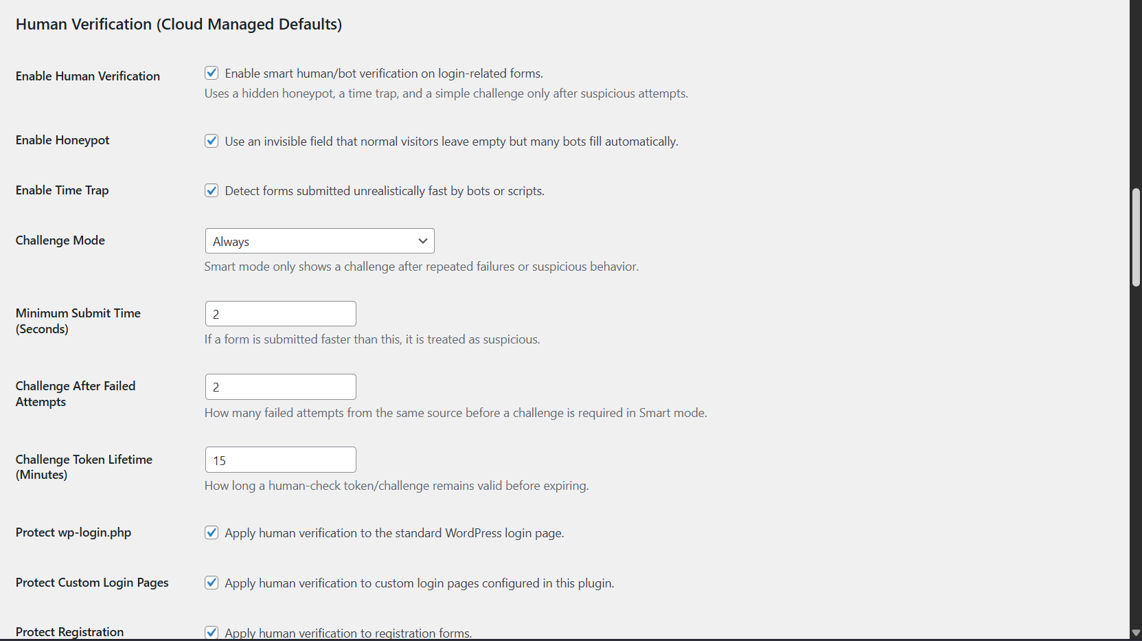 WordPress human verification settings with honeypot time trap login spam protection custom login page security and bot blocking