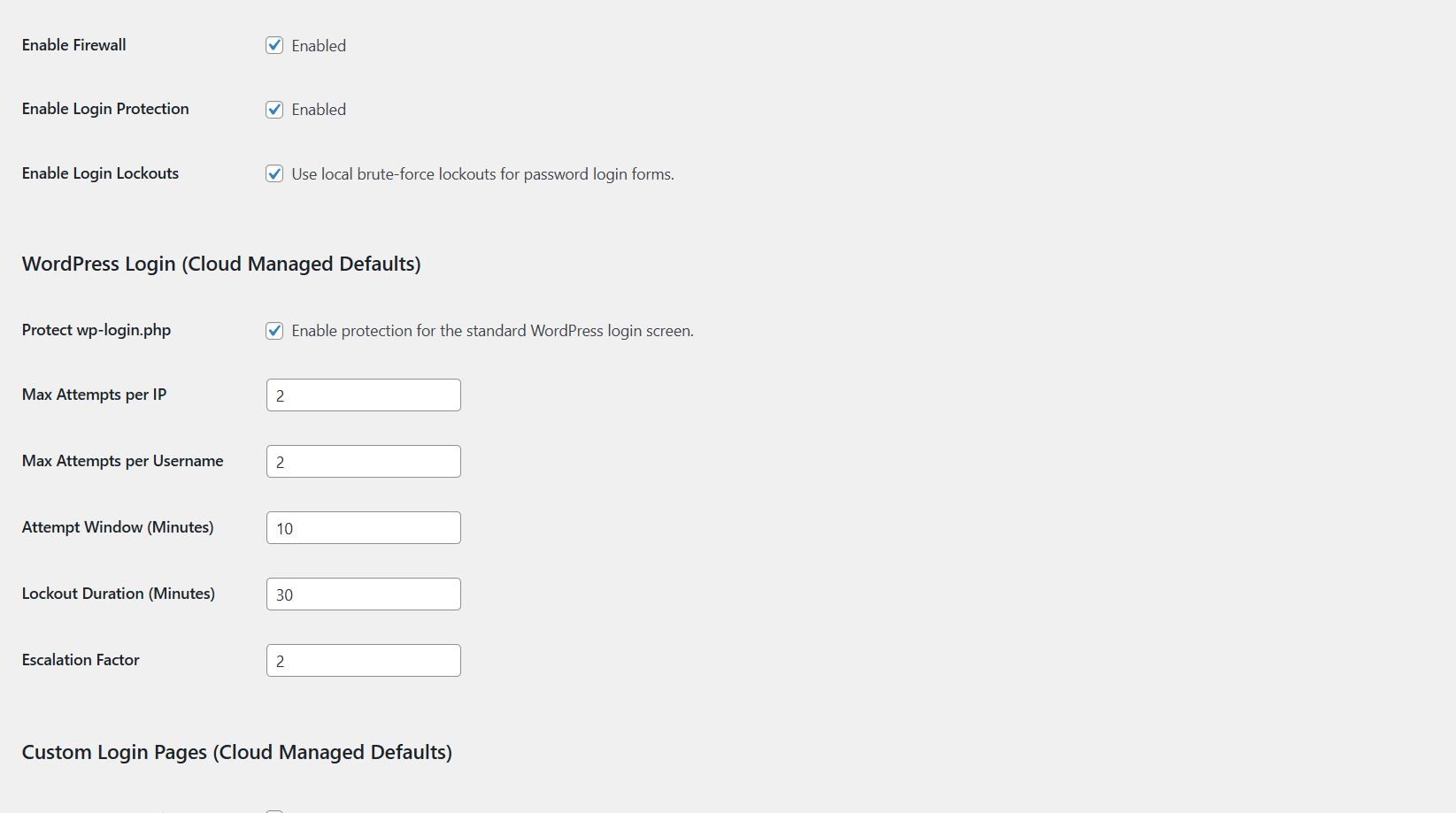WordPress login brute force protection settings for wp-login security with lockouts firewall and failed login limits