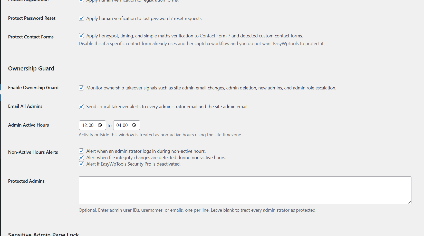 WordPress ownership guard security settings with admin takeover alerts email notifications and protected admin monitoring