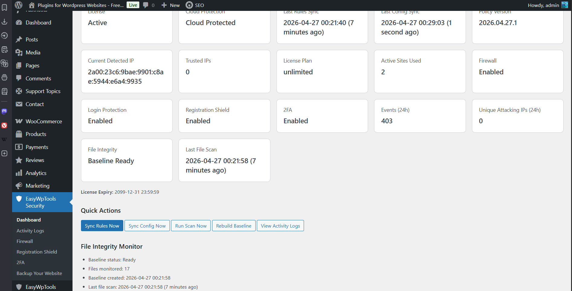 WordPress security dashboard with firewall 2FA login protection registration shield file integrity and attack statistics