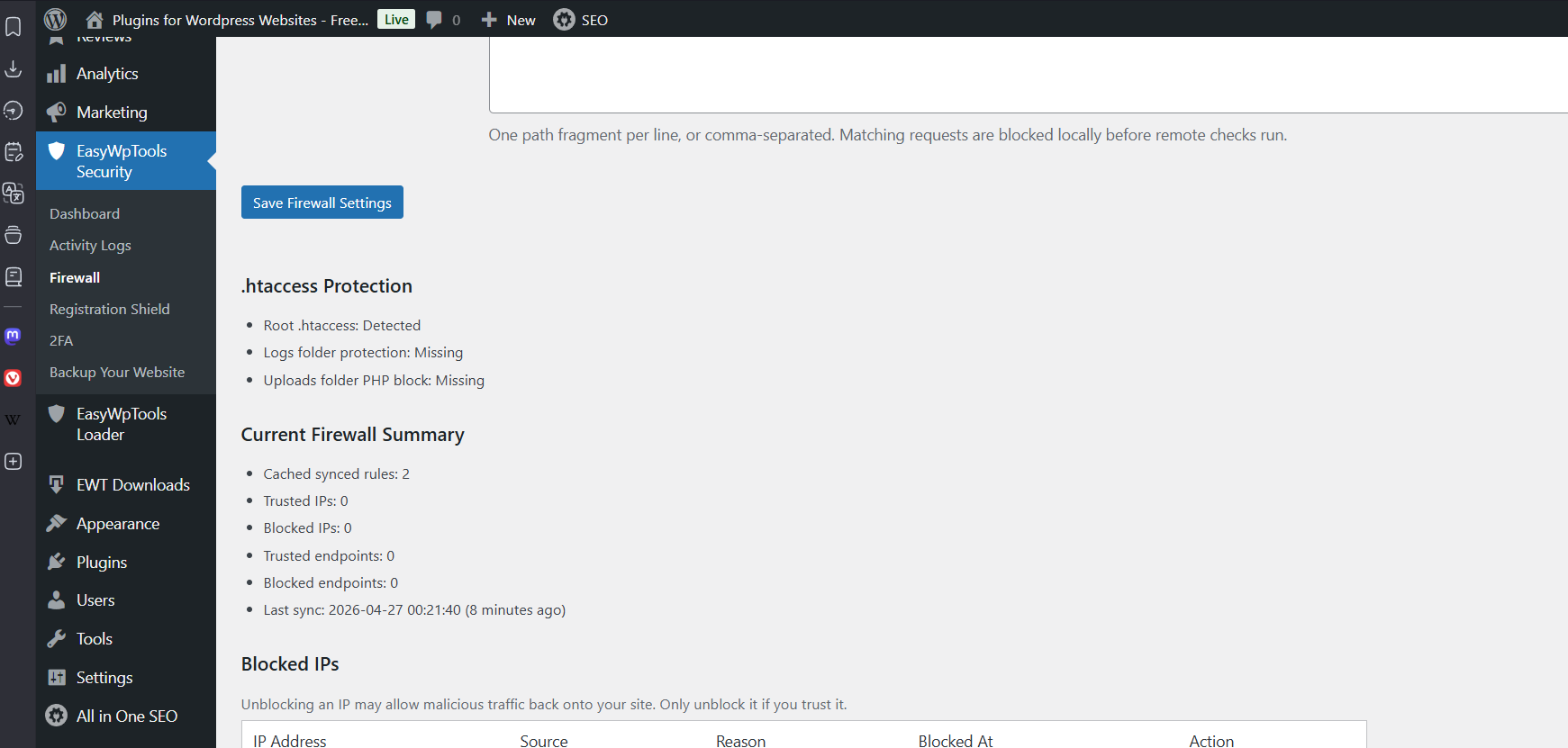 WordPress security plugin firewall settings with brute force protection, blocked IP management, trusted IPs and login protection dashboard