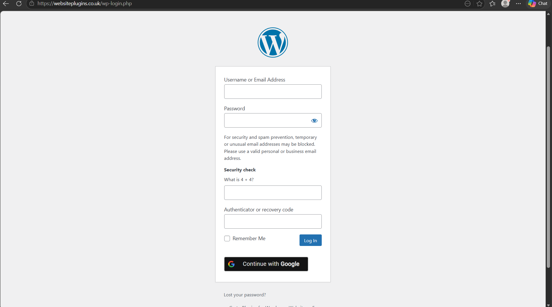 WordPress wp-login.php login page with 2FA authenticator code spam protection captcha and brute force login security